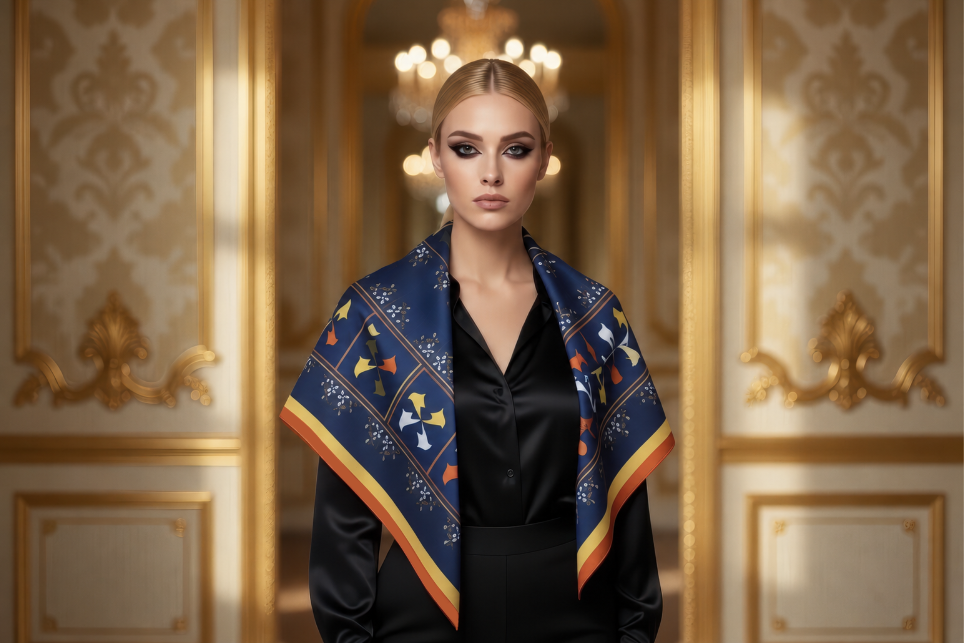 carré de soie de luxe porté par une jeune femme blonde élégante